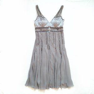 Sue Wong Silk Beaded Embellished Gray Silver Knee Length Formal Dress